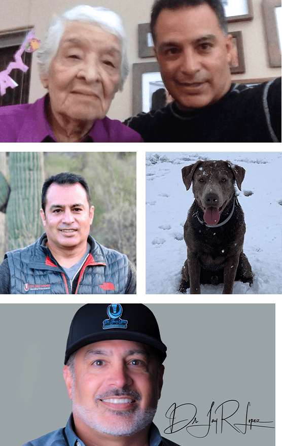 Collage featuring Doctor Lopez outside of the office with his family and dog